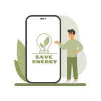 Save energy concept with man near phone with lightbulb with green leaves inside vector