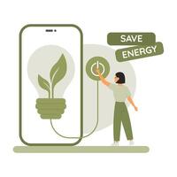 Woman turning off switch button for energy saving. Save energy concept. Phone with lightbulb with leaves inside vector