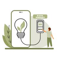 Save energy concept. Woman turn off the switch button for saving the planet. Phone with icon vector