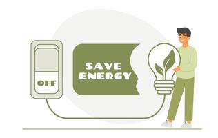 Switch off the light. Save energy concept. Man holding lightbulb with green growth inside vector