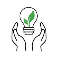 Hands lineart hold lightbulb icon with leaves inside. Eco green energy icon. Save energy concept vector