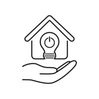 Line art hand hold house with lightbulb icon. Power off button. Save planet, save energy signs vector