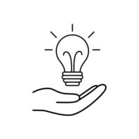 Hands hold lightning lightbulb. Idea icon. Save energy concept. Lineart sign vector