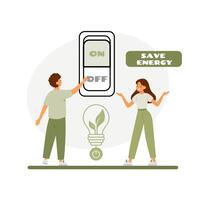 Man turn off the switch button for saving energy. Power icon. Lightbulb with green growth inside vector
