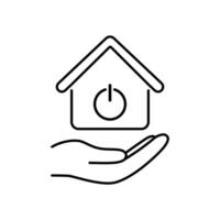 Hand hold house icon with power off button inside. Line art illustartion. Save energy concept vector