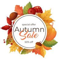 Autumn Sale. Autumn frame with leaves and mushrooms on white background. vector