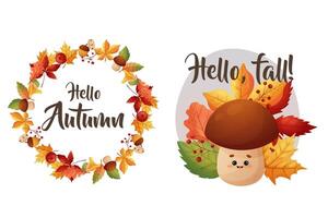 Hello, fall. Design elements, fall cute mushroom, frame with leaves. vector