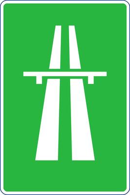 Rectangular traffic signal in green and white, isolated on white background. Motorway or highway start sign