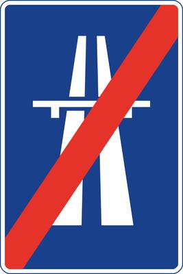 Rectangular traffic signal in blue and white, isolated on white background. Motorway end sign