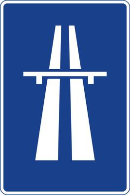 Rectangular traffic signal in blue and white, isolated on white background. Motorway start sign