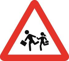 Triangular traffic signal in white and red, isolated on white background. Warning of proximity of a school or playground vector