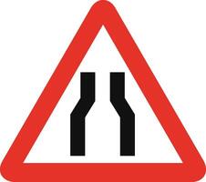 Triangular traffic signal in white and red, isolated on white background. Warning of narrow road ahead vector