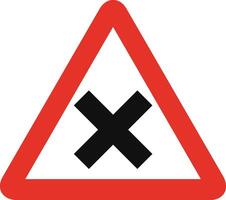Triangular traffic signal in white and red, isolated on white background. Warning of crossroad ahead with priority on the right vector