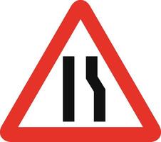 Triangular traffic signal in white and red, isolated on white background. Warning of narrow road ahead on right side vector