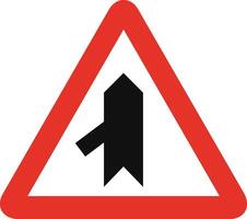 Triangular traffic signal in white and red, isolated on white background. Warning of sharp junction on the left vector