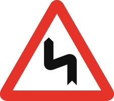 Triangular traffic signal in white and red, isolated on white background. Warning of left reverse bend vector