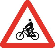 Triangular traffic signal in white and red, isolated on white background. Warning of cycle crossing vector