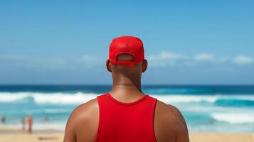 Beach lifeguard in a vibrant red uniform stands alert with golden sands and azure waves behind photo