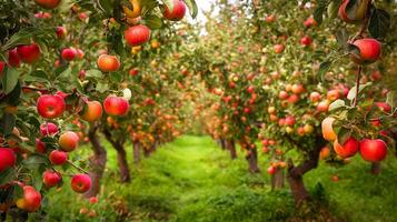 A picturesque orchard with trees heavy with ripe apples, showcasing the fruitful beauty of harvest season photo