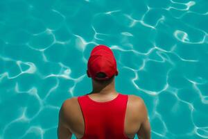 Lifeguard in a bright red tank top standing by the crystal clear waterpool, alert and watchful photo