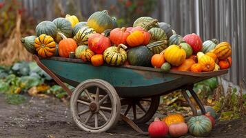 A rustic wheelbarrow filled with colorful squash, epitomizing the diverse produce of harvest season photo