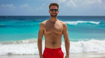Energetic lifeguard with sunglasses standing confidently on a sandy beach with turquoise waves in the background photo