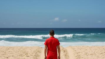 Lifeguard in a stylish red jacket patrolling the golden sands with azure waves in the background photo