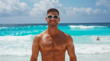 Energetic lifeguard with sunglasses standing confidently on a sandy beach with turquoise waves in the background photo