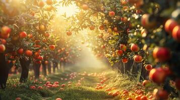 A picturesque orchard with trees heavy with ripe apples, showcasing the fruitful beauty of harvest season photo