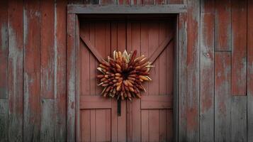 A barn door adorned with a wreath made of dried corncobs, symbolizing the rustic charm of harvest season photo