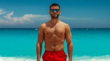 Energetic lifeguard with sunglasses standing confidently on a sandy beach with turquoise waves in the background photo