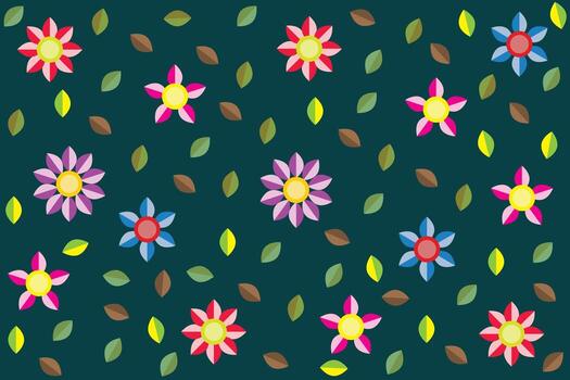 Illustration pattern, Repeating of abstract multicolor flower with leaf on dark green background. vector