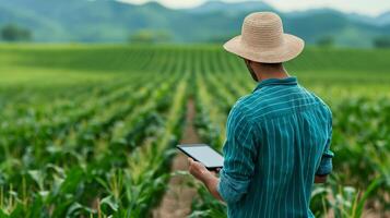 Young farmer using AI powered sensors for real time crop monitoring in a fertile cornfield photo