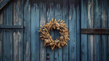 A barn door adorned with a wreath made of dried corncobs, symbolizing the rustic charm of harvest season photo