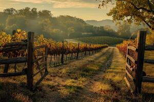A serene vineyard with a rustic wooden fence and rows of grapevine, capturing the harvests timeless beauty photo