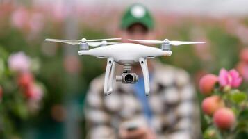 Young farmer utilizing AI driven drone for pest surveillance in a colorful blooming apple orchard photo