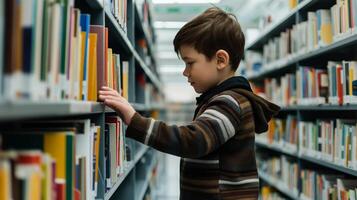 Child exploring books in the library photo