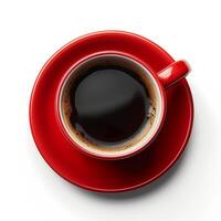 Overhead view of a fresh cup of coffee in a vibrant red mug on a white background, symbolizing a summer mornings energizing start photo