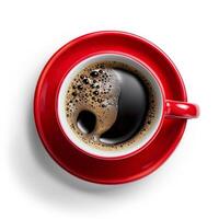 Top view of a freshly brewed cup of coffee in a vibrant red mug on a white background, capturing the essence of energetic summer mornings photo