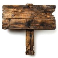 Old rustic wooden signboard isolated on white background, ideal for summer camp and adventure trail concepts photo
