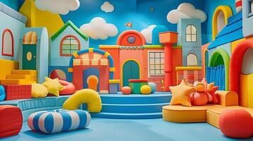 Childrens TV show set with bright, colorful playground like elements and props photo