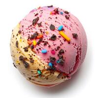 Scoops of strawberry and vanilla ice cream with sprinkles isolated on white, ideal for summer treats and National Ice Cream Day celebrations photo