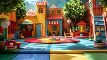 Childrens TV show set with bright, colorful playground like elements and props photo