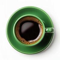 Top view of a freshly brewed cup of coffee in a green mug on a saucer, perfect for summer mornings and International Coffee Day promotion photo