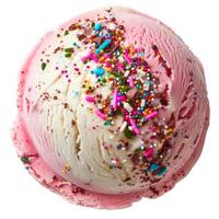 Top view of a scoop of strawberry and vanilla ice cream with colorful sprinkles isolated on white, perfect for summer treats and dessert concepts photo