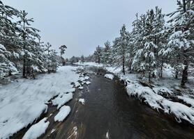 Amazing Cinematic Aerial View On Freezing River. Aerial View Flight Above Frozen Creek Scenic View Of Nature photo