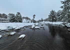 Amazing Cinematic Aerial View On Freezing River. Aerial View Flight Above Frozen Creek Scenic View Of Nature photo