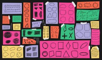 A collection of colorful sticky notes with a variety of hand drawn sketches and doodles. Lines, arrows shapes, scribbles, frames and strokes. Notebook page pen and markers doodles. vector