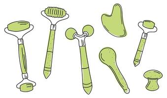 Doodle massage and facial tools for skincare. A roller, gua sha, massaging devices, a spoon shaped massager. Improving circulation, relieving tension, and aiding in skincare routines. Hand drawn set. vector