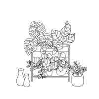 Indoor houseplants in pots on stand. Sketch, outline monster cactus home decor. illustration with editable stroke for coloring book and design. vector